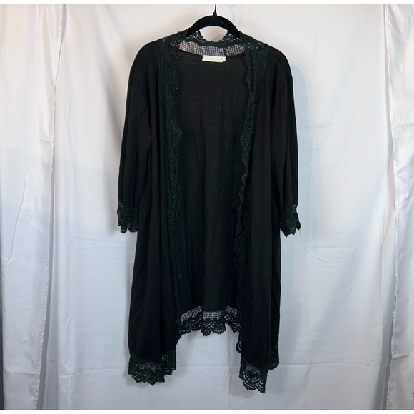Hipster Row Cardigan Lace Crochet Trim Full Length 3/4 Sleeve Flowy Duster Top - Picture 2 of 9